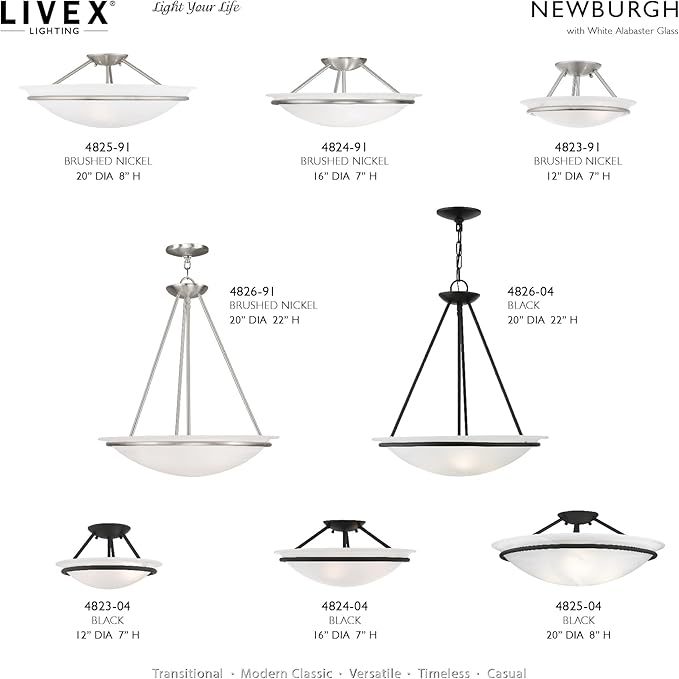 Livex Lighting 4824-91 Newburgh 3-Light Ceiling Mount, Brushed Nickel