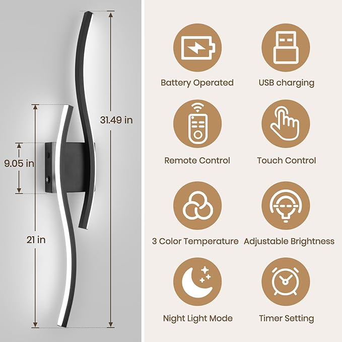 Battery Operated Wall Sconces, Rechargeable Wall Sconces, 3000K-6500K LED Wireless Wall Light, Modern Wall Lamp not Hardwired for Living Room Bedroom Hallway, 31.5in-Black