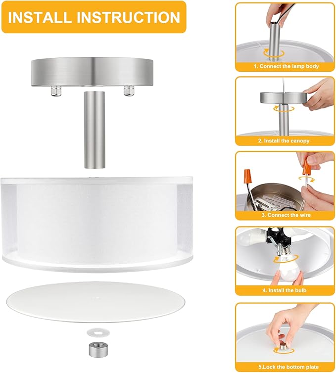 FOLKSMATE 3-Light Semi Flush Mount Ceiling Light Fixture, 16 Inch Drum Light with Double Fabric Shade, Modern Close to Ceiling Lamps for Dining Room Kitchen