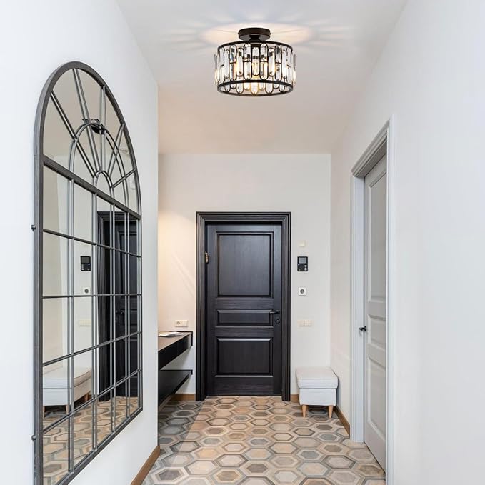 Crystal Ceiling Light Fixture - Modern Semi Flush Mount Chandelier with Crystals for Bathroom Bedroom Entryway Hallway Closet 1 Light 11.6" Diameter