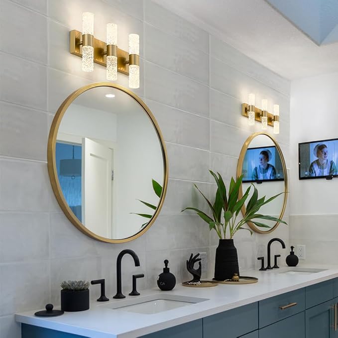Gold Bathroom Light Fixture, Modern Brushed Vanity Light with, Crystal 6 Light Bathroom Vanity Light Fixtures Over Mirror, 27w LED Hardwired Wall Sconce, Warm White