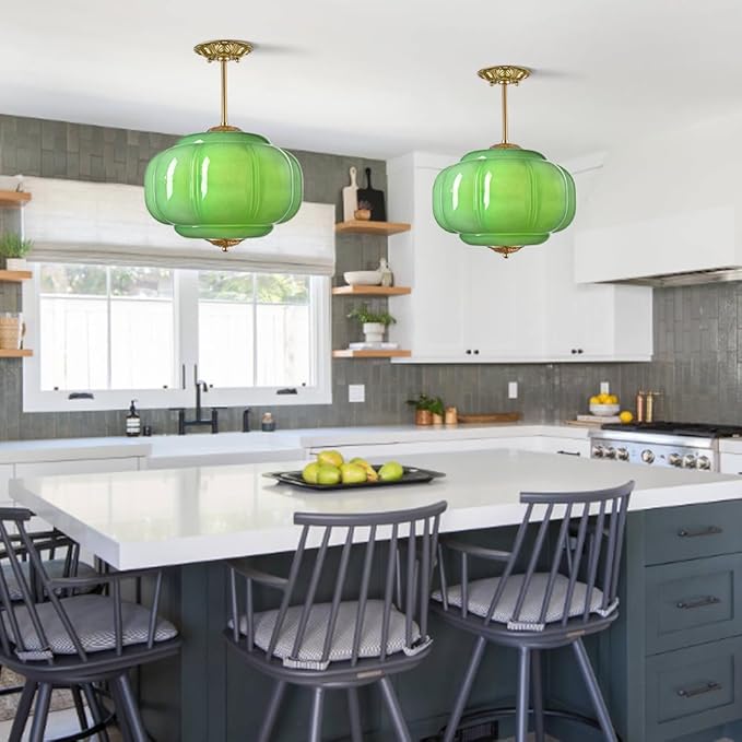 Vintage Milk Glass Ceiling Light Fixture, Antique Green Semi Flush Mount Milk Glass Pendant Light, 15" Farmhouse Mid Century Ceiling Light for Kitchen Hallway Schoolhouse Dining Room Bedroom