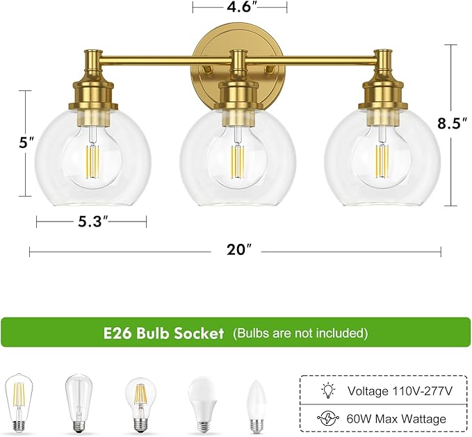 Bathroom Light Fixtures, 3-Light Brushed Gold Vanity Light Globe Glass Shades, Bathroom Lighting Fixtures Over Mirror, Wall Sconces for Master Bathroom, Guest Bathroom, Powder Room, 20-inch