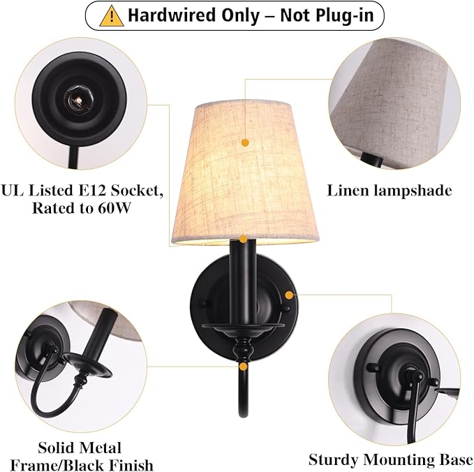 LASENCHOO Black Wall Sconces Set of Two, Modern Candle Sconces Wall Lighting Industrial Wall Light Fixtures with Fabric Lampshade, Bedside Wall Lamps for Bedroom Living Room Hallway Entryway Porch