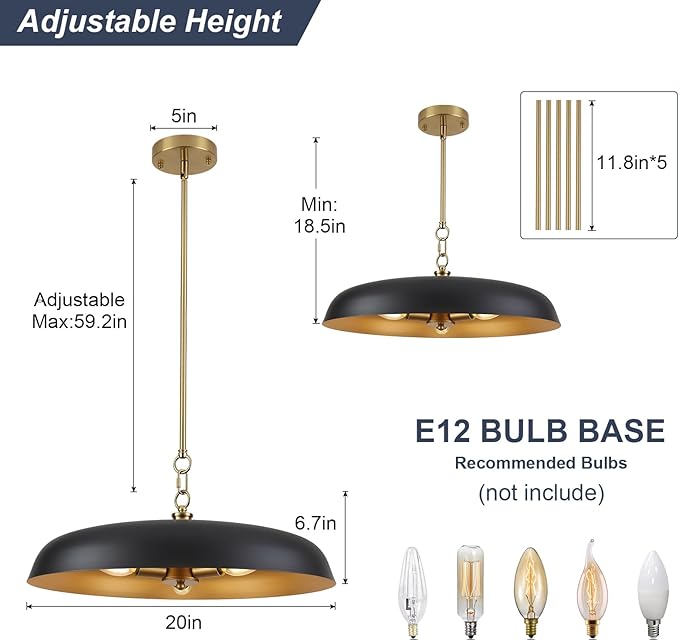Oversized Large Pendant Lights 20 Inch, 3-Lights Black and Gold Metal Dome Chandelier, Industrial Pendant Lights Kitchen Island Ceiling Hanging Light for Dining Room Over Table, Bar, Cafe