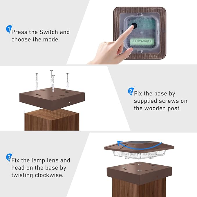 Peasur 16 Packs 4x4 Post Solar Lights 3 Lighting Modes, Brown Solar Powered Cap Lights Fits 4×4/3.5×3.5 Wood/Vinyl Posts, Waterproof Post Top Light Outdoor for Fence Deck Mailbox Porch Railing