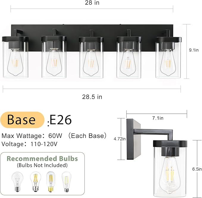 5-Light Bathroom Lighting Fixtures over Mirror, Matte Black Vanity Lights with Square Transparent Glass Shade, Modern Bathroom Vanity Light for Mirror Kitchen, Living Room, Gallery, Hallway