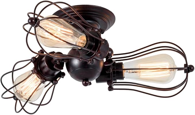 Luling Vintage Ceiling Light Industrial, Chandeliers Adjustable Socket Metal Wire Cage Lamp Semi-Flush Mount Rustic Ceiling Light Metal Lamp Fixtures (No Bulb) (with 3 Light) (Rust Color) (Rust)