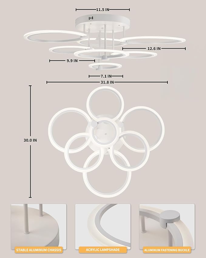 Modern LED Ceiling Light Dimmable Ceiling Light Fixtures with Remote 7 Rings White Close to Ceiling Lights 31.8" 130W 3000K-6500K Flush Mount Ceiling Lamp for Living Room,Bedroom,Kitchen
