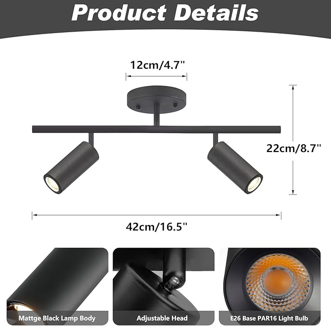 KCO Lighting Modern 2 Light Track Lighting Kit Matte Black Track Lighting Fixtures Flush Mount Ceiling Spot Lights Indoor Adjustable Ceiling Spot Light for Bedroom Kitchen Living Room