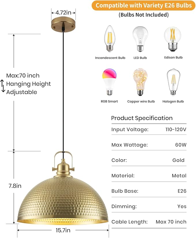Gold Pendant Light 16 inch, Hammered Large Dome Pendant Light, Industrial Farmhouse Pendant Lights Kitchen Island, Gold Kitchen Pendant Lights for Kitchen, Dining Room Living Room 2 Pack