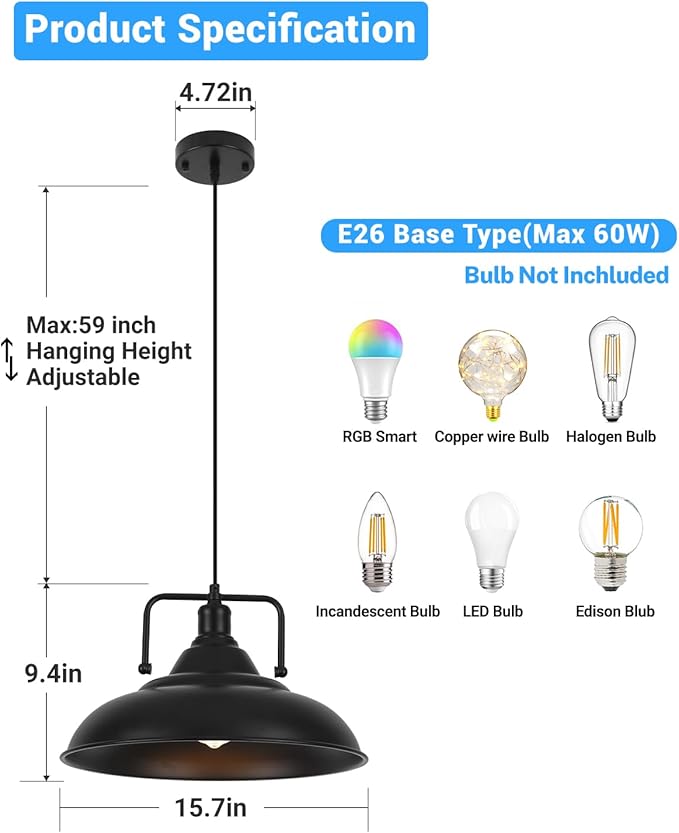 Black Pendant Light 15.7 Inch 1-Light,Large Pendant Lights for Kitchen Island,Industrial Farmhouse Pendant Light for Dinning Room Hallway Barn