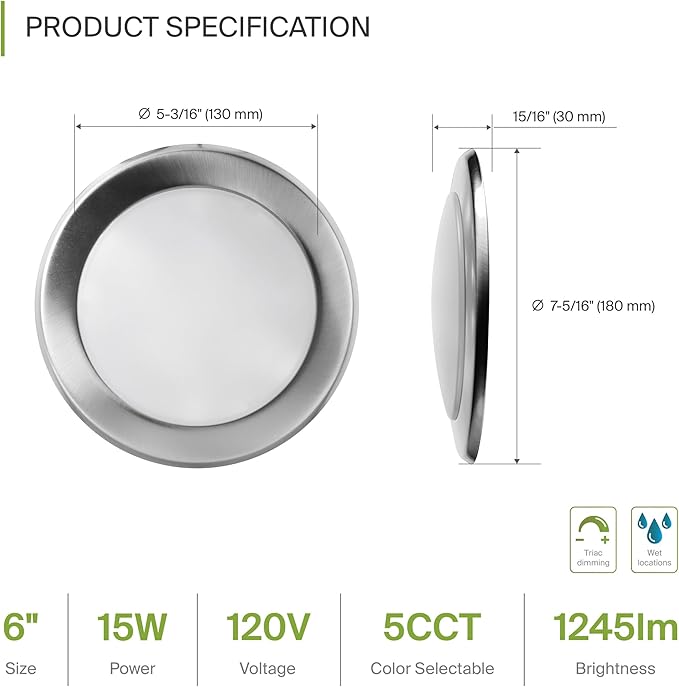 ASD 6 Pack LED Disk Lights 6 Inch, 15W 5CCT 2700K-5000K 1245LM CRI90+, Dimmable Flush Mount Ceiling Light Fixture, Low Profile Surface Mount Disc Lights, Junction Box or Recessed Can Install, UL