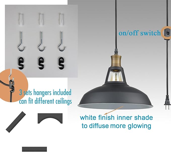 CLAXY Plug in Pendant Lights Adjustable Hanging Pendant Light Fixture with Black Barn Shade On/Off Switch Swag Pendant Lamp Set of 2