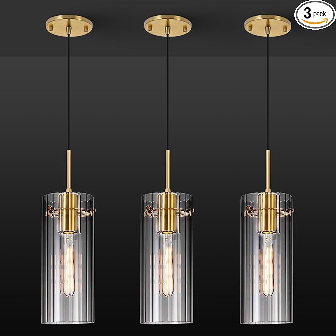 Gold Pendant Light Fixtures, 3 Pack Modern Pendant Lighting with Clear Striped Glass Shade, Hanging Pendant Lights Kitchen Island, Farmhouse Pendant Lighting for Dining Room Bedroom Bathroom