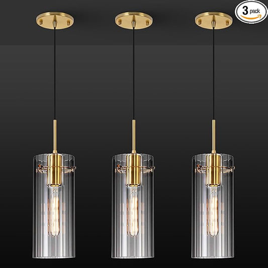 Gold Pendant Light Fixtures, 3 Pack Modern Pendant Lighting with Clear Striped Glass Shade, Hanging Pendant Lights Kitchen Island, Farmhouse Pendant Lighting for Dining Room Bedroom Bathroom