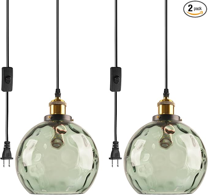 2 Pack Plug in Pendant Light Fixtures, Green Glass Pendant Lights Vintage Hanging Lamps with Hammered Glass Globe, Mid Century Brass Hanging Lights with Plug in Cord for Kitchen Bedroom