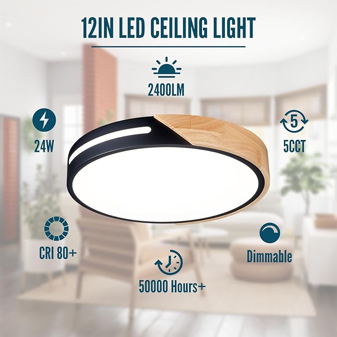 Black and Wood Flush Mount Ceiling Light Fixture Set of 2, Dimmable LED Ceiling Light Black, Modern Light Fixture Ceiling Mount for Bedroom, Living Room, Kitchen, Bathroom, Hallway