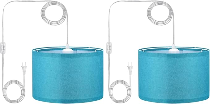 PATIKIL Plug in Pendant Light, 2 Pack 15Ft Rope Cord Hanging Lamp Fixture with ON/Off Switch, Linen Fabric Shade E26/E27 Bulb Socket for Bedroom Kitchen Living Room, Dark Blue