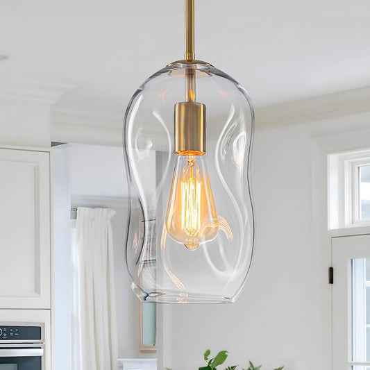 GoYeel Pendant Light Fixture - 1 Pack Blown Glass Pendant Hanging Lights, 11.4in Height Gold Finish Organic from Glass Pendant Lighting for Kitchen Island Hallway