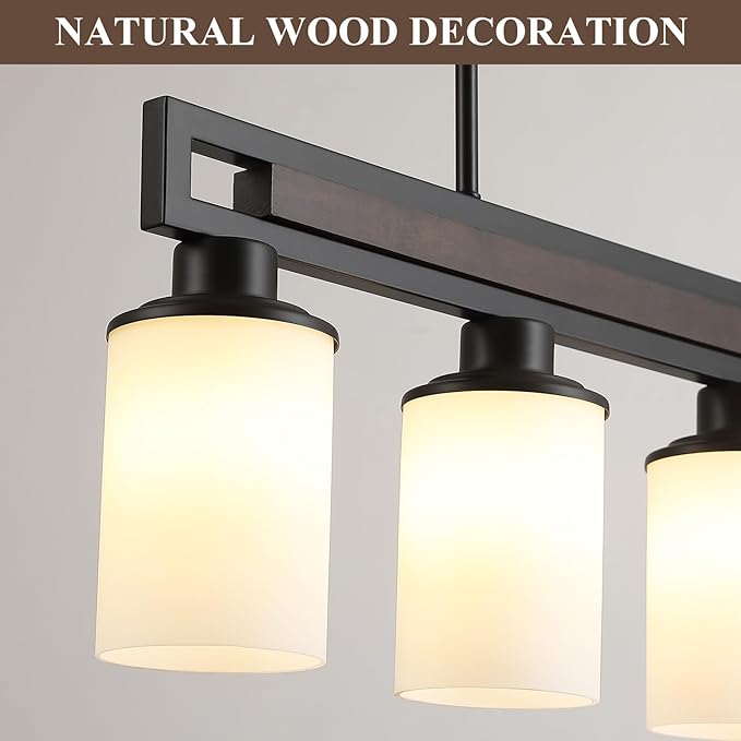 Farmhouse Dining Room Light Fixture, 4-Light Wood Kitchen Island Lighting for Dining Room Over Table, Black Adjustable Pendant Light with Milk Glass Shades, Linear Chandeliers Lighting for Kitchen