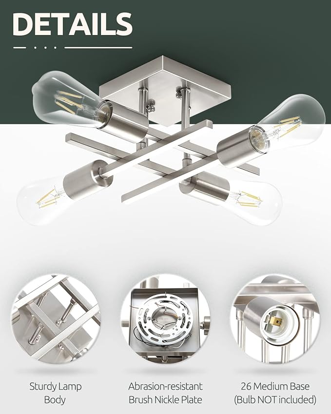 Industrial 4-Light Semi Flush Mount Ceiling Light Fixture, Modern Brushed Nickel Chandelier Lighting, Farmhouse E26 Base Sputnik Ceiling Lamp for Kitchen Bedroom Living Room Hallway