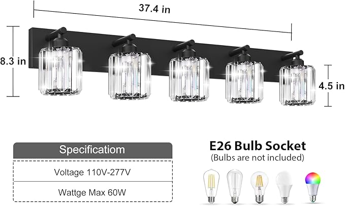 Black Crystal Bathroom Vanity Light, 5-Light Modern Bathroom Lighting Fixtures Over Mirror, Matte Black Wall Sconce Light Fixtures with Round Shade