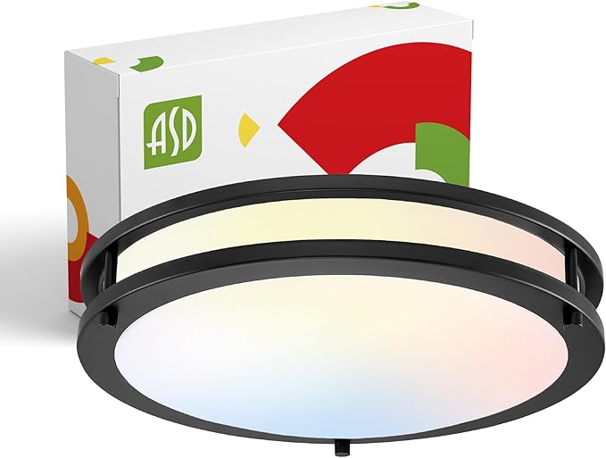 ASD LED 14" Round Flush Mount Lighting, Close to Ceiling Light Fixture | 3CCT, Dimmable, Energy Star, ETL Listed | 21W 1675LM 3000-5000K 120V | Low Profile Double Ring Lamp | Black