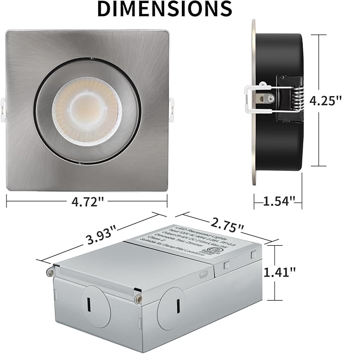 KnLnny Ware Brushed Nickel Square Recessed Lights 4 inch 6 Pack,Gimbal Recessed Lights with Junction Box,dimmable, 5CCT Selectable,9W 750LM