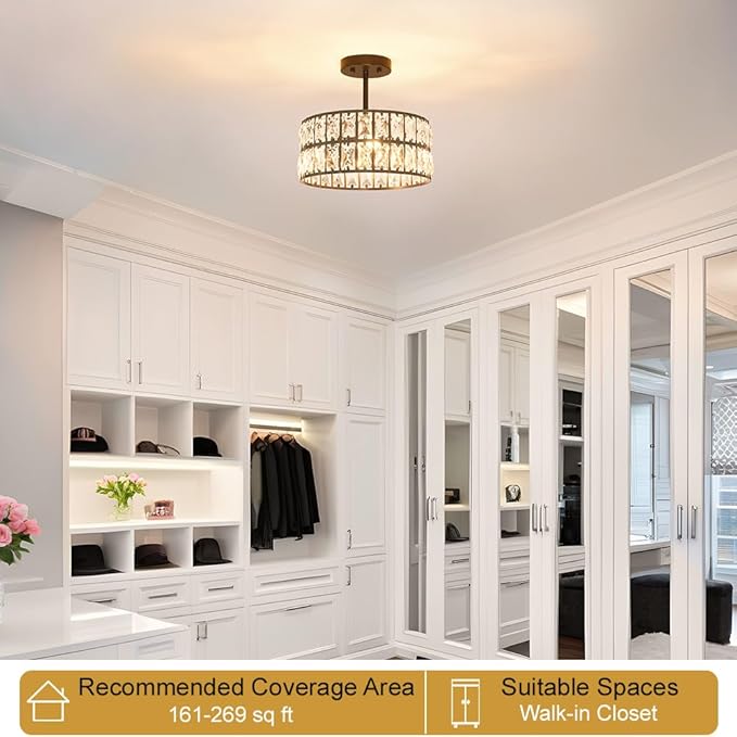 Matte Black Crystal Ceiling Light, Modern Semi Flush Mount Ceiling Lighting, Hallway Lighting Fixtures, Small Chandelier Light Fixture for Kitchen Entryway Bedroom Dining Room, 3-Light, 12 Inch