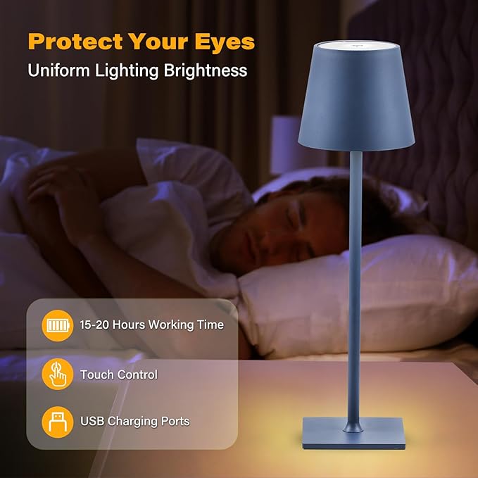 CHLORANTHUS 2 Pack Cordless Table Lamps, 3 Colors Stepless Dimming, 5000mAh Rechargeable Battery LED Desk Lamp for Bedroom/Couple Dinner/Desk/Cafe/Dining Room/Terrace