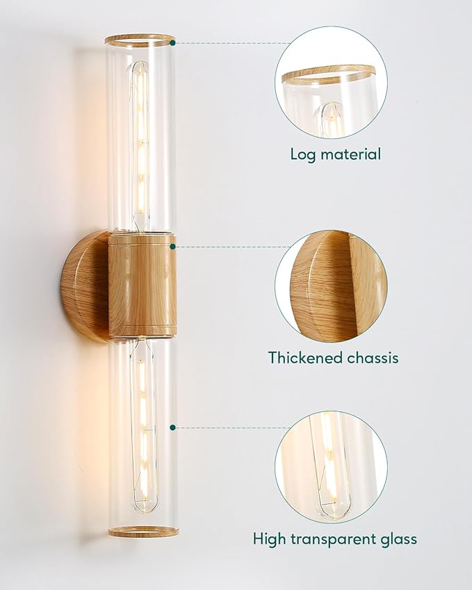 Bathroom Vanity Lighting Fixture, 2-Light Wood Grain Wall Sconce Light Fixture with Clear Glass, E26 Socket Indoor Wall Lamp, Modern Wall Sconce for Mirror Living Room, 2 Pack