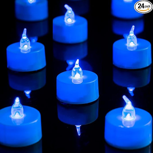 LANKER 24 Pack LED Tea Lights Candles, Flickering Blue Flameless Tealights, Long Lasting Battery Operated Fake Candles, Decoration for Halloween and Christmas (Blue - 24pcs)