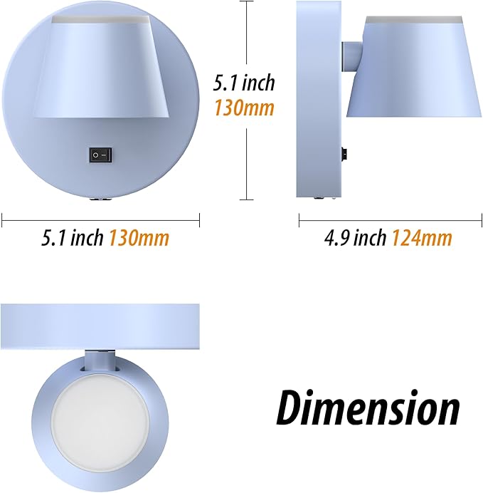 URSOLA Battery Operated Wall Sconce with Remote, LED Rechargeable Battery Wall Light with 9000mAh 3CCT and Dimmable Magnetic 360° Rotation Cordless Light for Bedroom（Blue）