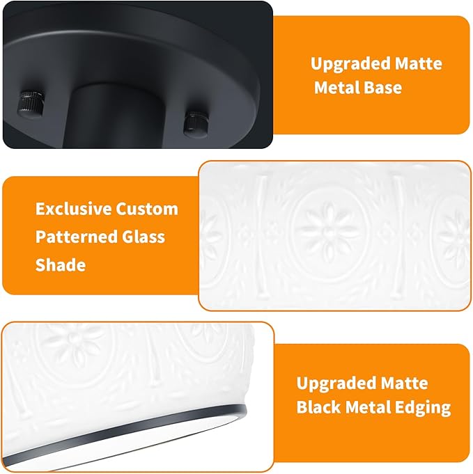 Matte Black Semi Flush Mount Ceiling Light with Milk Glass Shade, Hallway Lighting Fixtures, Vintage Ceiling Light for Kitchen, Bedroom, Closet, Entryway, Porch