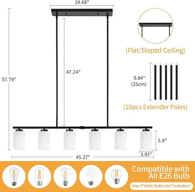 6-Light Modern Island Lights for Kitchen, Black Dining Room Light Fixtures Over Table, Pendant Lighting Over Island Kitchen Hanging Light Fixtures 45.27'' Large Chandeliers with Milky Glass Shades