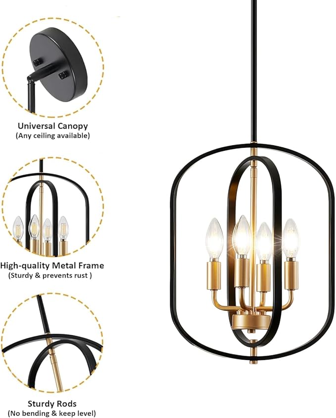 Black and Gold Chandelier Light Fixture for Dining Room, Modern Chandelier for Entryway, Foyer Lighting Fixtures Adjustable Modern Farmhouse Small Chandelier for Living Room Pendant Lights Kitchen