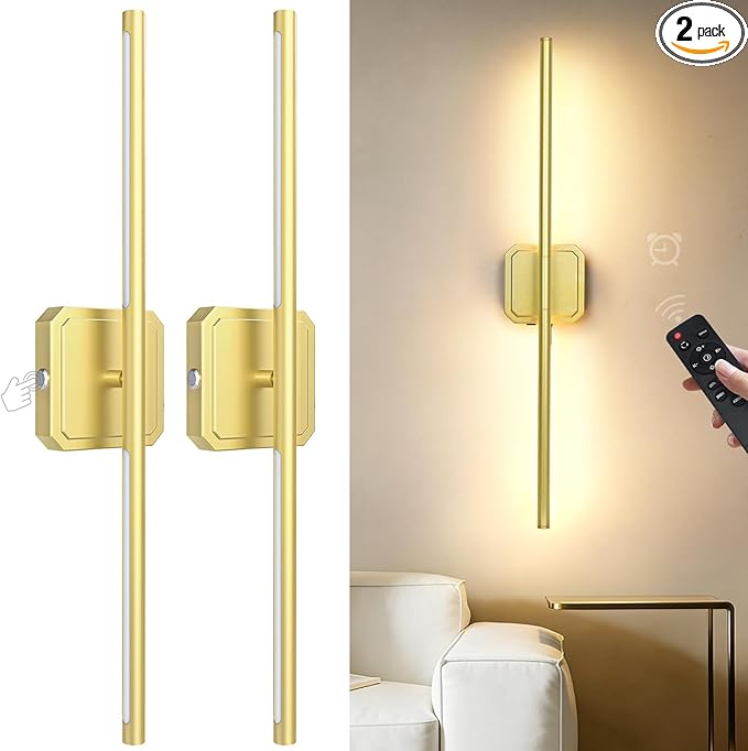 Battery Operated Wall Sconces Set of 2, Rechargeable Wall Sconces with Remote Control, LED Gold Wall Lights, 3000K-6000K Dimmable 360° Rotatable for Living Room, Bedroom, Hallway, 28''