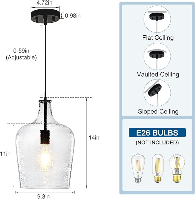 2 Pack 9.3" Glass Pendant Lighting for Kitchen Island,Black Large Pendant Light Fixture with blown Thickened Glass,1 Light Farmhouse Hanging Light for Hallway,Bedroom, Living Room Tall 14 inch