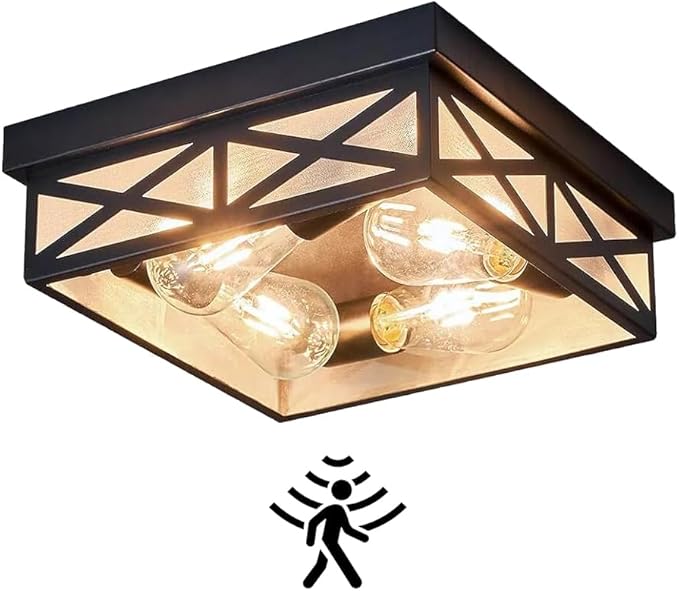 Farmhouse 4-Light Flush Mount Ceiling Lights,Adjustable Motion Sensor Square Ceiling Lamp for Entryway,Hallway,Porch,Patio,Storage Room and Garage,12in Matte Black Metal Modern Ceiling Light Fixture
