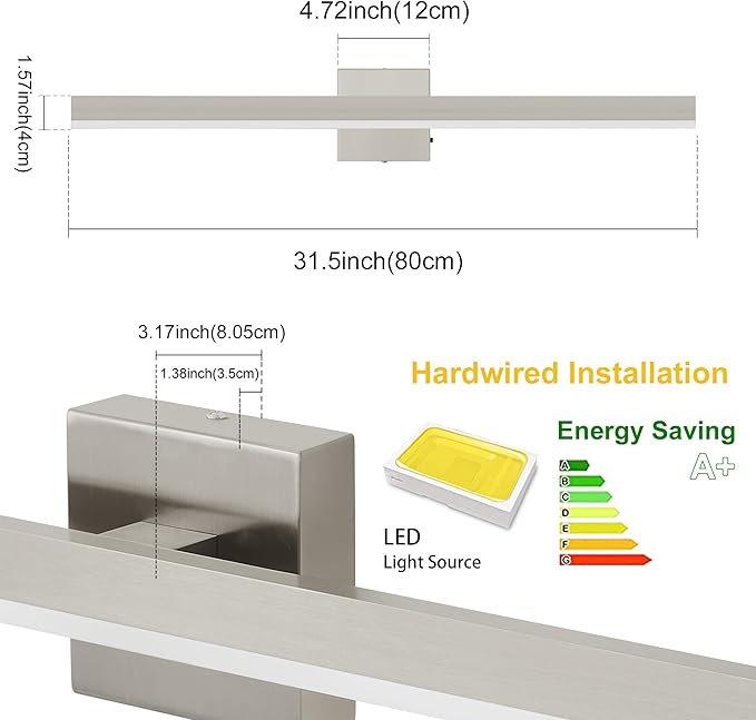 Nickel Bathroom Vanity Light 31.5 inch, 26W Dimmable 5CCT LED Bathroom Light Fixture Over Mirror Restroom-ETL Certificated