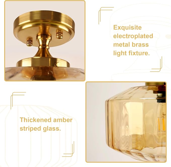 2 Pack Flush Mount Light Fixture Glass Globe Ceiling Light Amber Striped Glass Shade Gold Indoor Semi Flush Mount Chandelier Ceiling Light for Hallway, Kitchen, Entryway, Bedroom