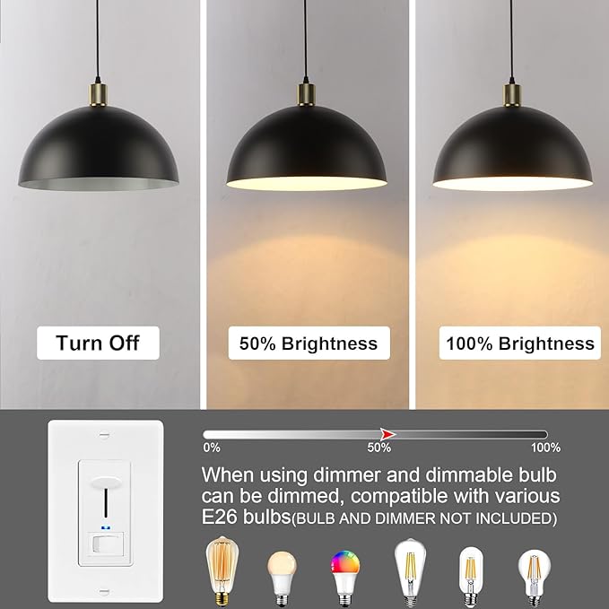 Black Pendant Light Fixtures, 15.7 Inch Large Dome Pendant Lighting Farmhouse Vintage Chandelier for Kitchen Island Dining Room