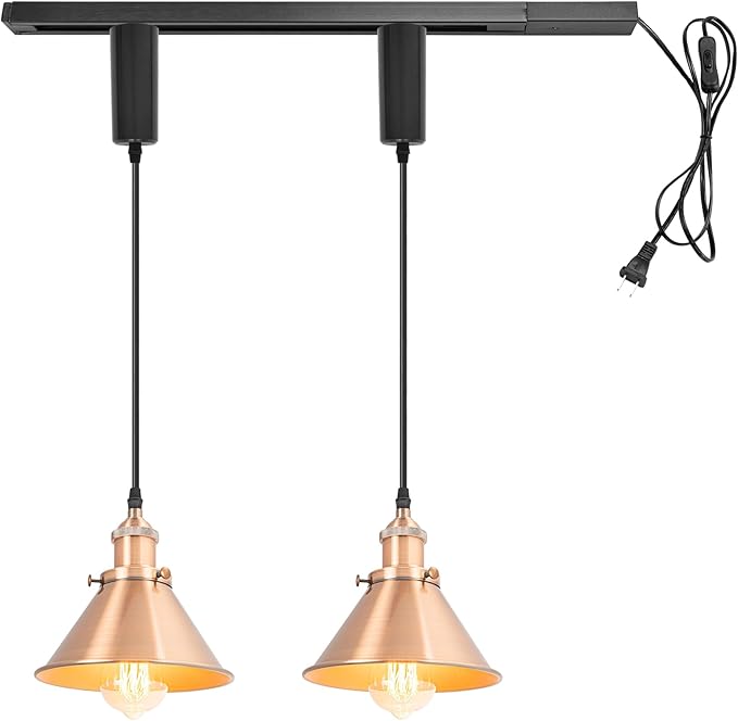 1x Plug in Cable Track Rail, 2X Adjustable Cord Red Copper Track Lighting Fixtures E26 Base H-Type Vintage Design for Kitchen Loft(No Bulb)