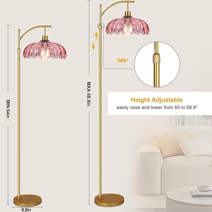 QIYIZM Pink Floor Lamp for Living Room,Bedroom,Gold Dimmable Standing Lamp with Remote,Mid Century Modern Brass Tall Lamp Boho Floor Lamps Arc Stained Glass Flower Floor Light Lamp Girls kids Bohemian