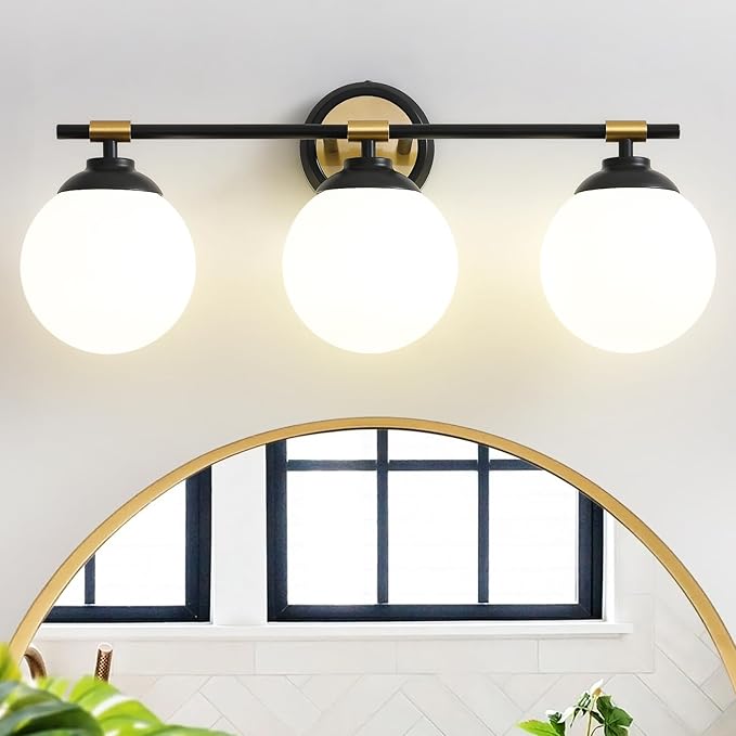 Rayogale Bathroom Light Fixtures, ETL 3 Lights Black Gold Vanity Lights Over Mirror with Milk Glass Soft Lighting Bathroom Wall Sconces for Living Room Bedroom (Exclude E26 Bulb)