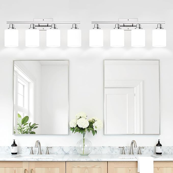 MOKATNG 4-Light Vanity Light with Milky White Shades, Chrome Bathroom Lighting Fixtures Over Mirror, Modern Bathroom Wall Lamp for Mirror Living Room Cabinet Bedroom
