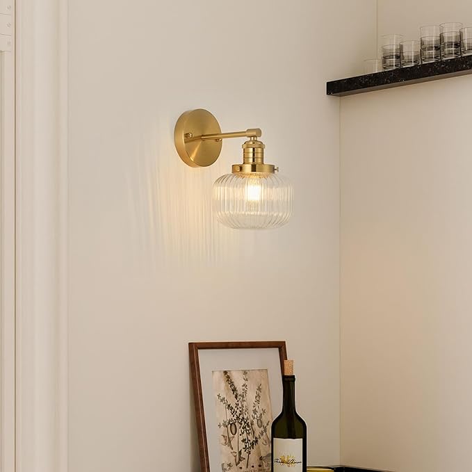 TERLEENART Hard Wired Vintage Wall Sconce with Clear Ribbed Glass Shade,Indoor 1-Light Wall Mounted Lamp for Bedroom Living Room Bathroom Hallway