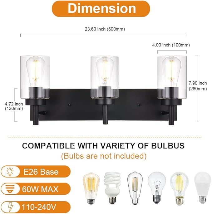 VINLUZ Vanity Bathroom Light Fixture Black 3 Lights Rustic Wall Sconce Lighting with Clear Glass Shade Vintage Porch Wall Lamp （Patent No.: US D958,438 S