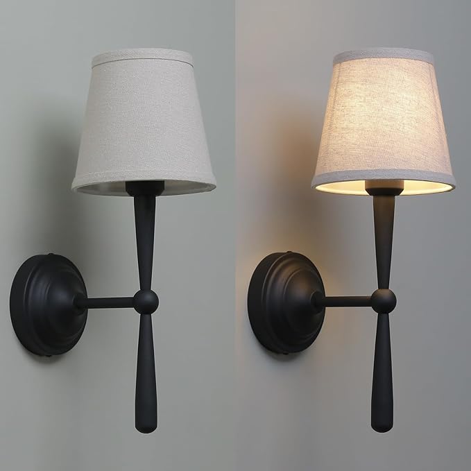 Sconces Wall Lighting Set of Two with Boho Linen Fabric Shade, E26 Aged Brass Vanity Bathroom Wall Lamps, Hardwired Indoor Wall Lights for Living Room Bedside Nightstand Light